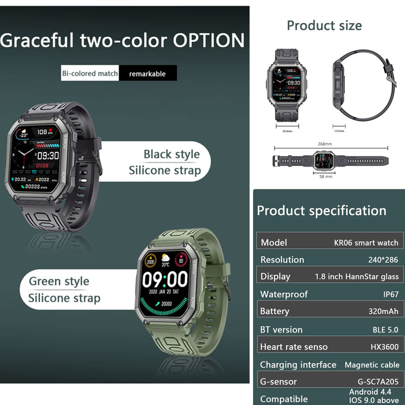 Tuanzi KR06 Sports Smart Watch 1.8 Inch Bluetooth Call Music Play Voice Assistant Health Monitor Multi Sports Modes Fitness Tracker (Green) KR06-Green