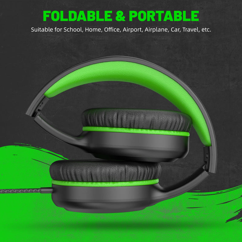 Green Wired Headphones for Boys Portable On Ear Youth Headphones for School Airplane Travel Lightweight Portable Compatible with Pad Computer Laptop for Adults Student Children Girls Kids Black/Green