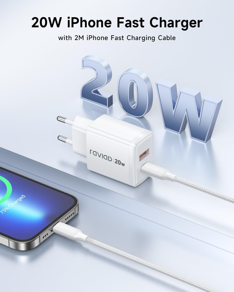 RAVIAD iPhone Charging Cable and Quick Charger [MFi Certified] 20W iPhone Charger, 2M USB C to Lightning Cable with Power Adapter Charging Plug for iPhone 14 Pro Max 13 Plus 12 11 SE X iPad 1-Pack mit 2M Kabel