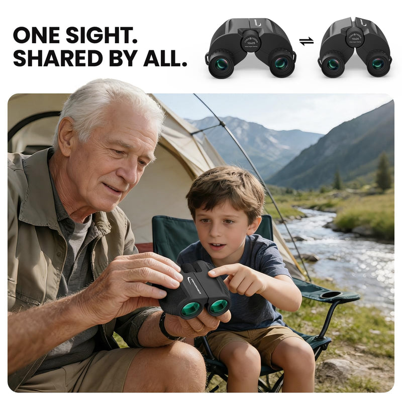 Aurosports Compact Binoculars for Adults and Kids - 10x25 Small Lightweight Binoculars for Bird Watching, Easy Focus for Theater, Cruise & Travel - Ideal Gift with Carrying Case & Strap 10x25-Black