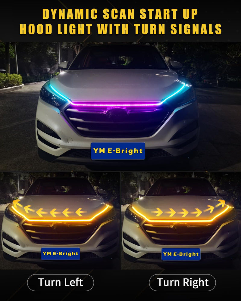 [AUSTRALIA] - RGB Hood Light Strip with Sequential Turn Signal Indicator Function Waterproof Multicolor Dynamic Scan Start Up Hoodbeam Kit for Cars, Truck, SUV, with APP Control, 12V 79inch/2M (1Set) Dynamic Multicolor 79 inches 
