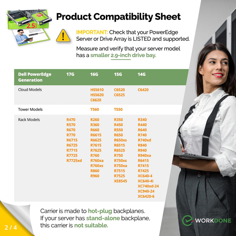 WORKDONE 2-Pack 2.5" SFF Bracket - fits Dell PowerEdge 17-14th Gen DXD9H | Only for smaller 2.9" Wide Hot-Swap Bay, R570 R670 R770 R260 R360 T560 R660 R6615 R6625 HS5610, Bright LED, Tray Sled, Manual