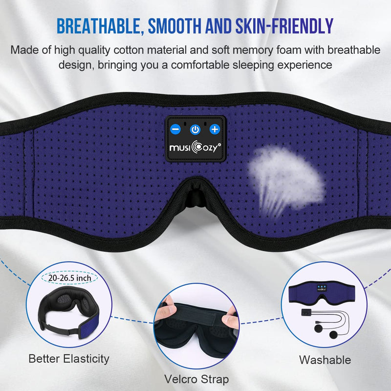 MUSICOZY 3D Sleep Headphones Bluetooth 5.4 Breathable Sleep Eye Mask | Cooling Fabric Lining with Blackout Design for Side Sleeper, HD Stereo Sound, 14 Hours Playtime for Sleep, Travel, Relaxation Dark Blue