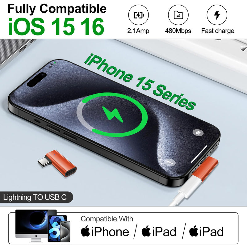 xiwxi 2Pack 90 Degree Lightning to USB C Charger Converter for iPhone 15/15Pro/15 Pro Max Plus,Samsung S24 S23,iPad Air,27W PD Fast Charging&Data Transfer,Type C Devices,Not Audio/OTG/PS/2 Cables Orange