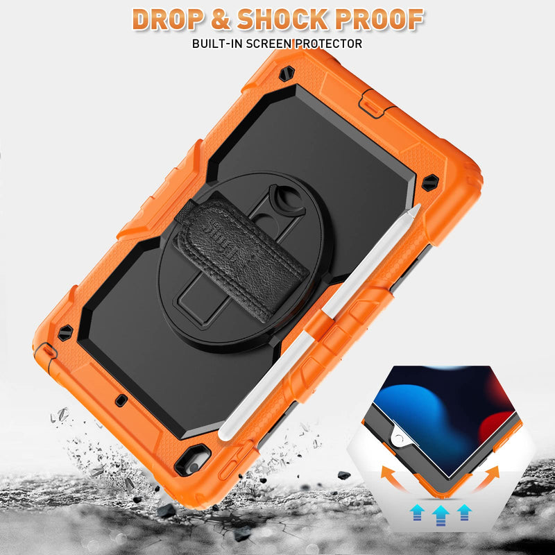 Timecity Case for iPad 9th/ 8th/ 7th Generation 10.2 inch (Case for iPad 9/8/ 7 Gen): with Strong Protection, Screen Protector, Hand/Shoulder Strap, Rotating Stand, Pencil Holder - Orange Black+Orange