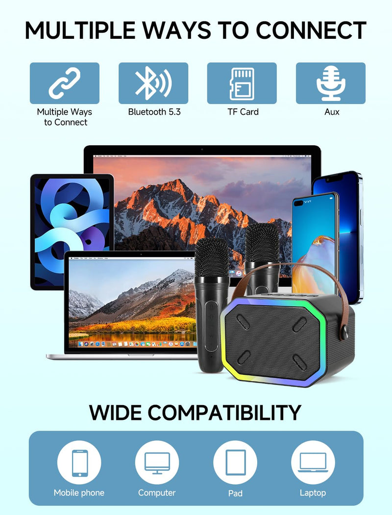 [AUSTRALIA] - Karaoke Machine for Kids and Adults, Mini Portable Bluetooth Speaker with 2 Wireless Microphones, Led Lights for TV, Kids Gifts for Girls Boys Family Party Birthday (Black) Rectangle Black 