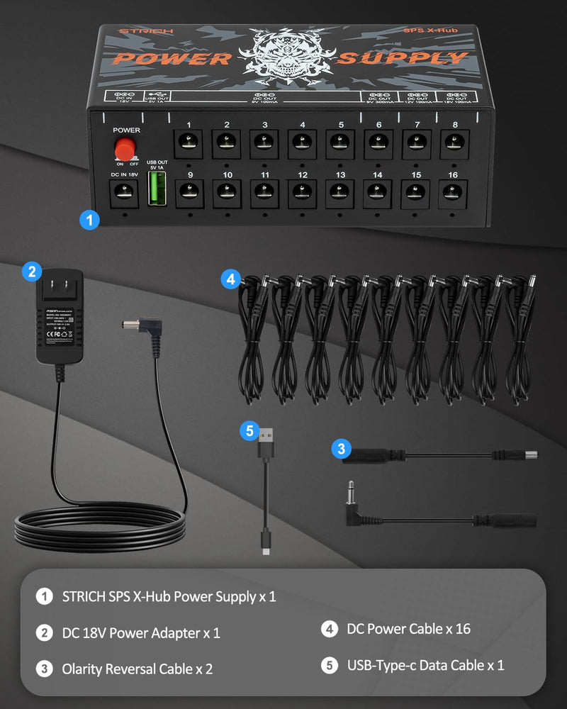 [AUSTRALIA] - STRICH SPS X-Hub Guitar Pedal Power Supply for 9V/12V/18V, 100mA - 300mA Effects Pedals, 16 Independent Outputs, Short-circuit protection and noiseless, 5V 1A USB Port Supports Mobile Devices, Tablets 