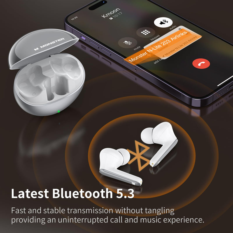 Monster N-Lite 203 AirLinks Wireless Earbuds, Bluetooth 5.3 Headphones HiFi Stereo, Wireless Earphones with 30H Playback, Type-C Charging, HD Clear Call, Touch Control, IPX6 Waterproof in-Ear Earbuds