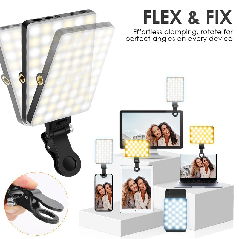 Selfie Light Portable Phone Light, Eagerey 60 LED Rechargeable Fill Light with Front & Back Clip, CRI 95, 3 Light Modes, Clip on Light for TikTok Tablet/Laptop, iPad, Conference Vlog Video Black