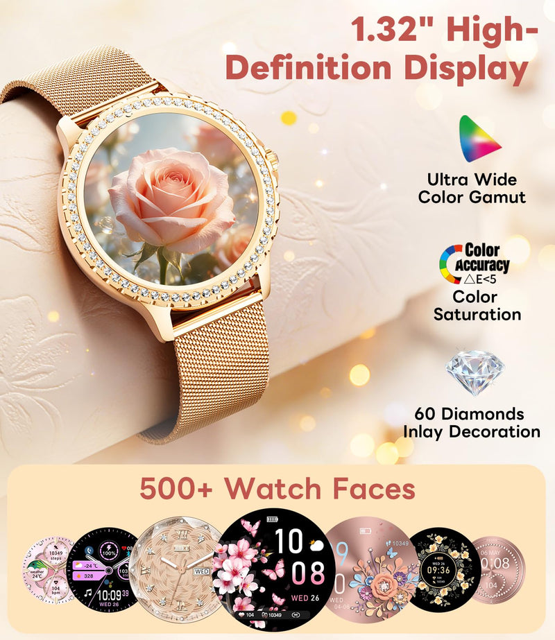 Smart Watch for Women Diamond, Bluetooth Calls, 1.32-inch HD Screen Round Fitness Tracker with Menstrual Cycle/Sleep/Heart Rate Monitor, 100+ Sports Mode, Android/iOS Phone, Rose Gold