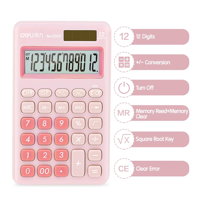 deli Standard Function Basic Calculator, 12 Digit Desktop Calculator with Large LCD Display, Solar Battery Dual Power Office Calculator, Pink Small Pink