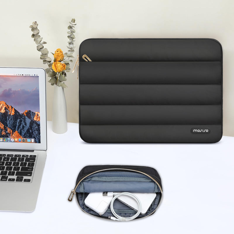 MOSISO Puffy Laptop Sleeve Compatible with MacBook Air/Pro, 13-13.3 inch Notebook, Compatible with MacBook Pro 14 inch M3 M2 M1 Chip 2024-2021, Polyester Horizontal Bag with Small Case, Black 13.3 inch