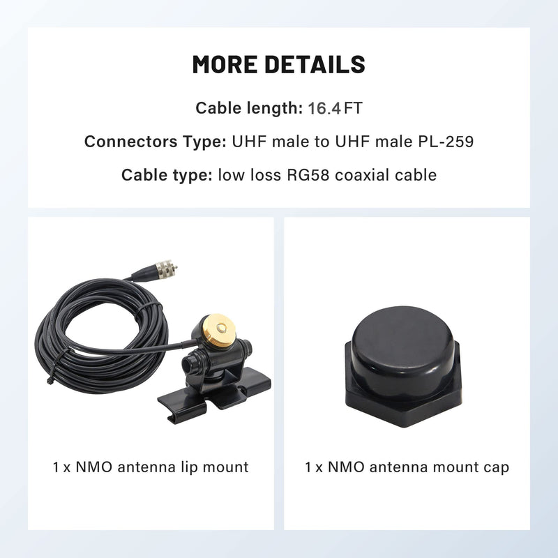 Anina Adjustable NMO Antenna Lip Hatchback Mount Bracket Through Hole Fixed W/NMO Mount Cap 16.5 ft UHF PL259 Male RG58 Pure Copper Coaxial Cable for Vehicle Car Ham Mobile Radio No Drill Installation