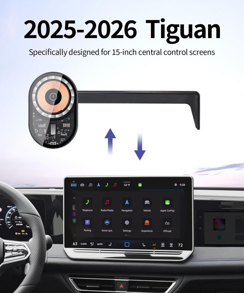 15W Wireless Charger Car Phone Mount for Volkswagen Tiguan 2025-2026 | 15" Screen, VW Magsafe Magnetic Accessories Fast Charging Cell Phone Holder Clip Compatible with iPhone Android, 3D Fit 15-inch for 2025-2026 Tiguan