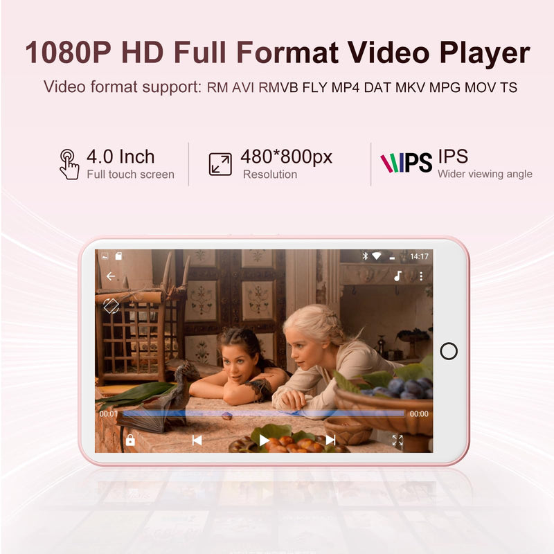 [AUSTRALIA] - 80GB MP3 Player with Bluetooth and WiFi, Android Player with Speaker Mp3 & Mp4 Music Player with Spotify, Amazon Music, Browser, Deezer, 4.0" Touch Screen, Download Music,Up to 512GB(Pink) Pink 