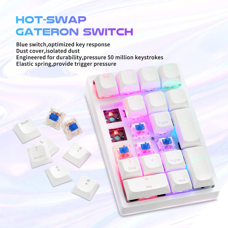 [AUSTRALIA] - MOTOSPEED Mechanical Numeric Keypad Hot-Swap GATERON Switch Wired Gaming Keypad RGB Backlit PBT Keycap 21 Keys Mini Numpad Portable Keypad Extended Layout(Gateron Blue) classic White blue switch 