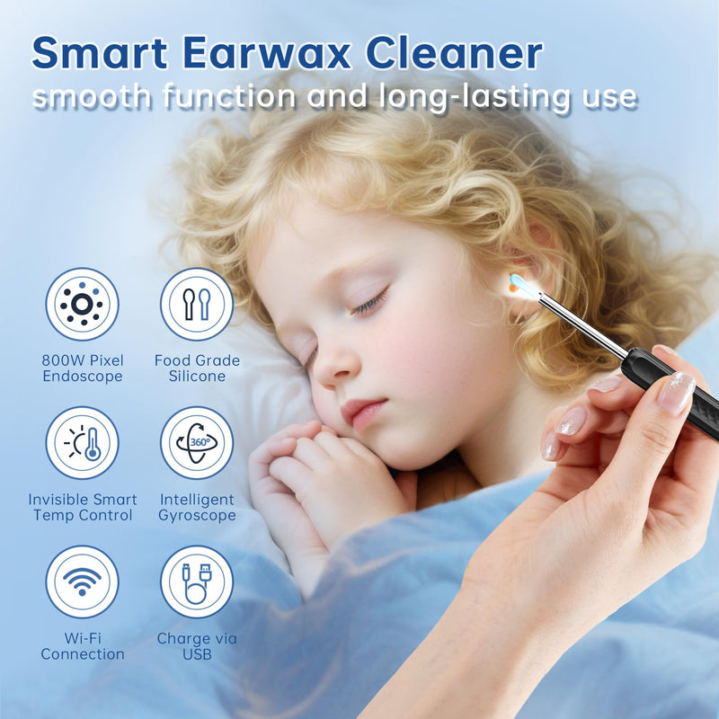 LUZOON 1296P Wifi Ear Wax Remover Otoscope, 360° Wide Angle Otoscope Camera with 6 LEDs for Adults, IP67 Waterproof Otoscope Ear for iPhone, Android, iPad