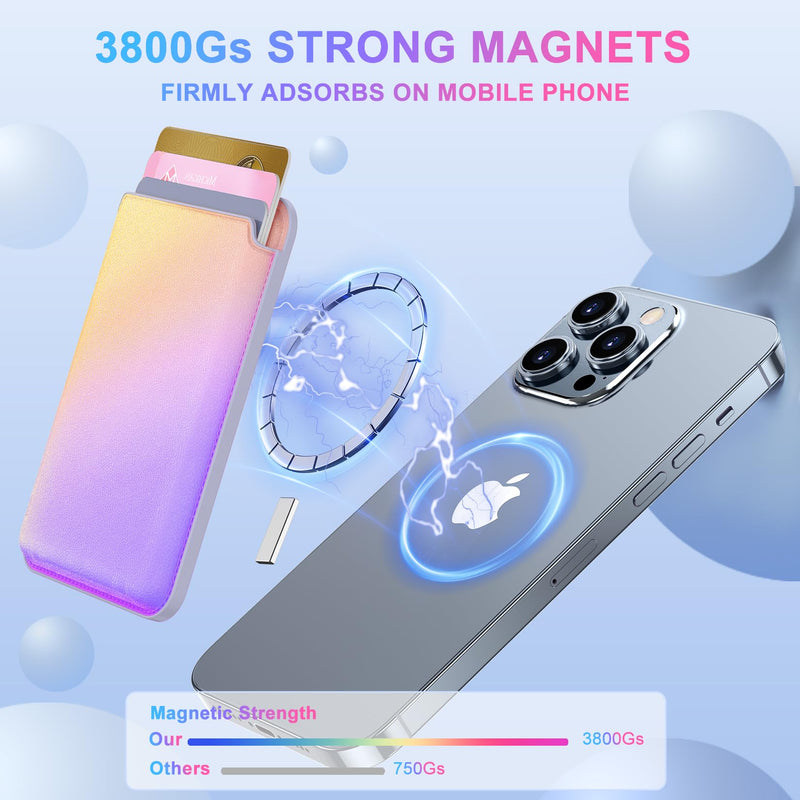Magnetic Cell Phone Card Holder, Latest Rainbow Mag-Safe Card Wallet, RFID Blocking Phone Wallet for Women, Cell Phone Card Sleeves for Back of iPhone 15/14/13/12, Rainbow Purple