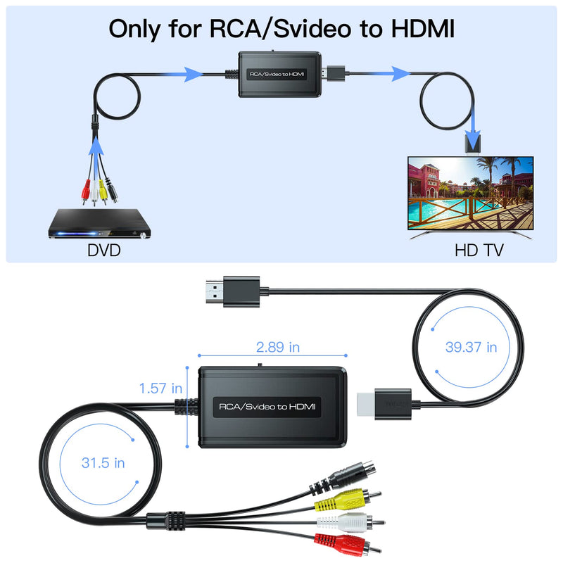 2 in 1 RCA/S-Video to HDMI Converter with 720P/1080P Ouptut Switch, Svideo Composite AV to HDMI Compatible with VHS/DVD/STB/N64/PS2/Wii