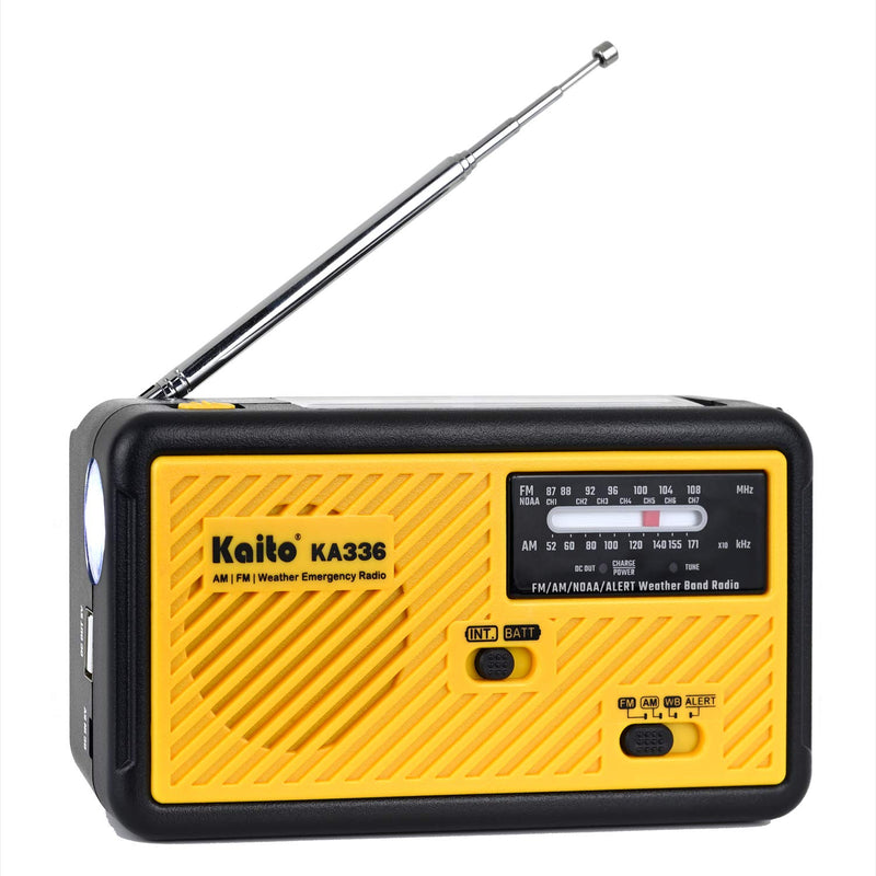 Kaito Voyager ECO Emergency Radio KA336 AM/FM NOAA Weather Alert 5-Way Powered Solar Crank Radio Receiver with LED Flashlight and USB Mobile Phone Charger Yellow