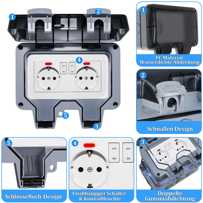 Outdoor Socket Waterproof 2-Way Outdoor Socket IP66 with Switch Indicator Light, Outdoor Socket Wall Socket Garden Socket with Lockable Hinged Lid for Garden Outdoor Wet Rooms 2-way external socket