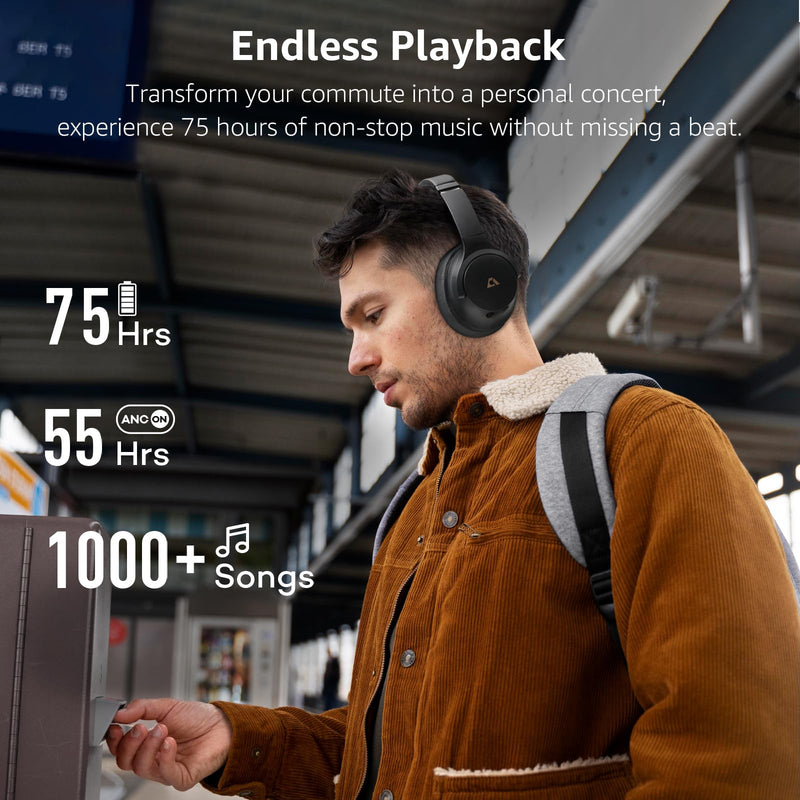 1Mii Y8 Hybrid Active Noise Cancelling Headphones, Wireless Over Ear Bluetooth Headphones, LDAC Hi-Res Audio, 75H Playtime, Deep Bass, Comfort Fit & Foldable Ear Cups, for Home Office Travel