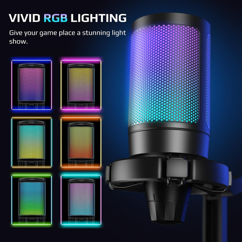 AmpliGame Fifine USB Microphone for PC Gaming, Computer Desktop Streaming Microphone with Mute Button, Gain Knob for Video Podcast, RGB Mic for PS4/PS5, Laptop A6NEO