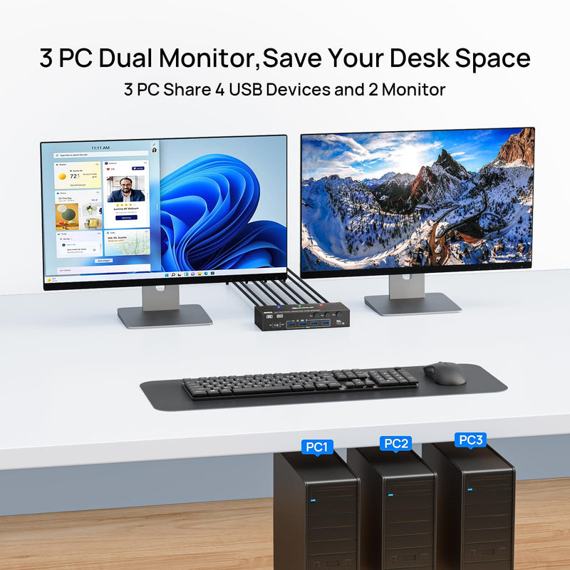 KVM Switch 2 Monitors 3 Computers HDMI + DisplayPort, KCEVE USB 3.0 DP KVM Switcher, 8K@30Hz/4k@144Hz Dual Monitor DP KVM for 3 PC Share 2 Display and 4 USB 3.0 Devices Black 17.1 CM 3x2 kvm switch dp+hdmi