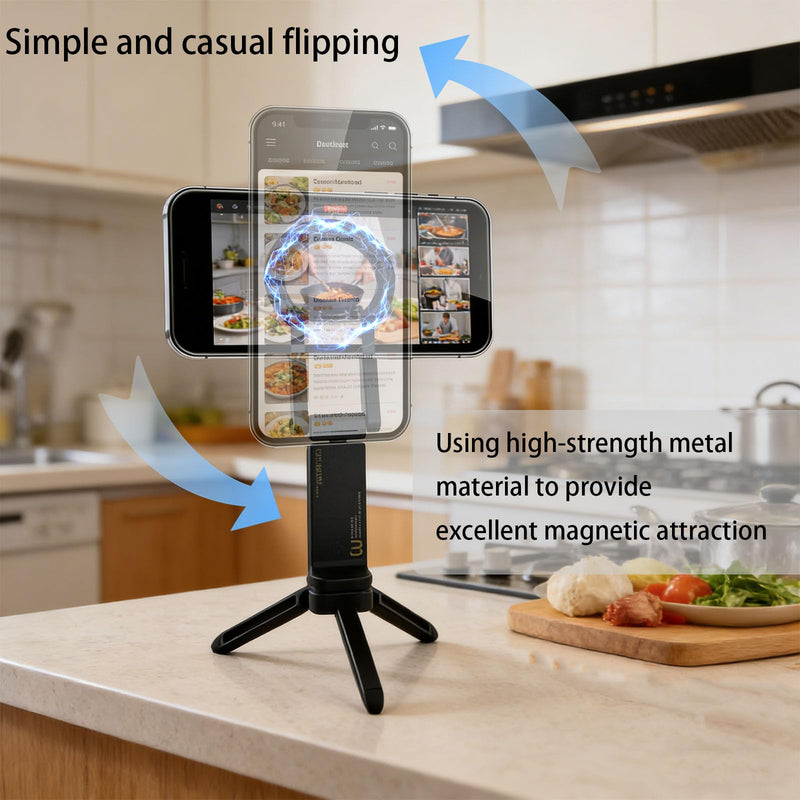 Magnetic Phone Tripod for Travel, Airplane Phone Holder with 360°Rotation, Immediate Attach Attractive Car Phone Stand Highlighting Hard Wearing Metal Base and Flexible Positioning for Guidance (Black Black