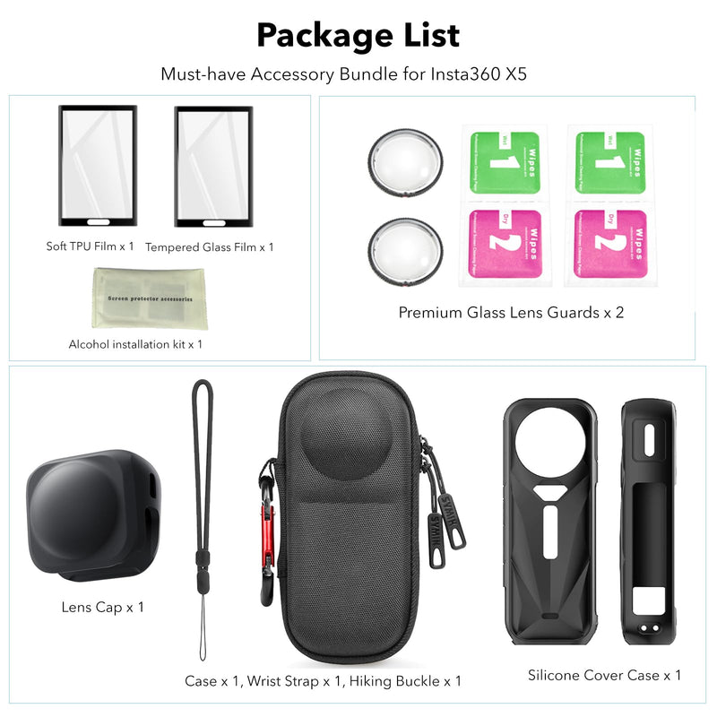 [AUSTRALIA] - Essential Accessories with Portable Mini Carrying Case for Insta360 X5, Premium Lens Guards, Rubber Lens Cap, Silicone Sleeve Protective Case, Screen Protectors Compatible with Insta 360 X5 Accessory Kit -2 