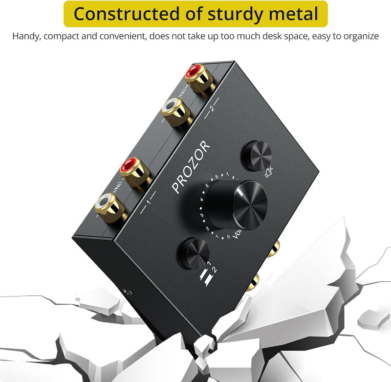 [AUSTRALIA] - PROZOR RCA Stereo Audio Switcher - 2 in 1 Out R/L Stereo Audio Switch, 1 in 2 Out Stereo Audio Splitter with Mute Button and No External Power Required 2 in 1 Out RCA Switch 