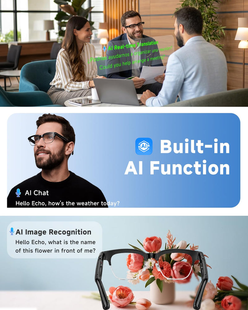 TOOBUR AI Smart Glasses with 8MP Camera, 1080P Anti-Shake HD Video, 2 Pairs of len, Real-Time Translation & Voice Assistant, Bluetooth Calls & Open-Ear Audio for Vlogging, Travel & Meetings
