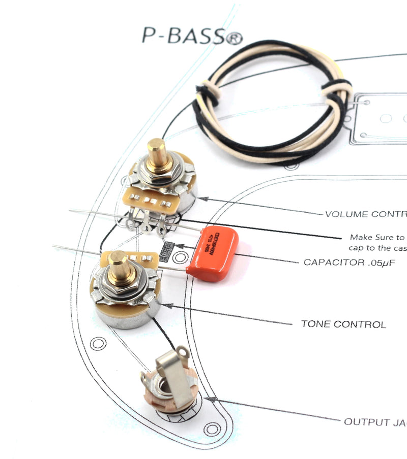 TAOT Precision Bass Wiring Kit - TAOT Custom 250kΩ Solid, .047 OD Cap - P-Bass Clear Stamping