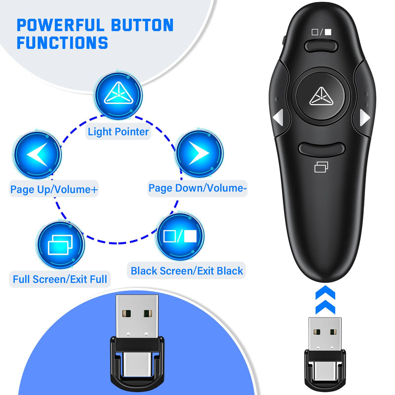 2-in-1 USB Type C Presentation Clicker Wireless Presenter Remote Clicker for PowerPoint Presentations with Laser Pointer, Rechargeable USB C PowerPoint Clicker Slide Advancer for Computer/Mac/Laptop