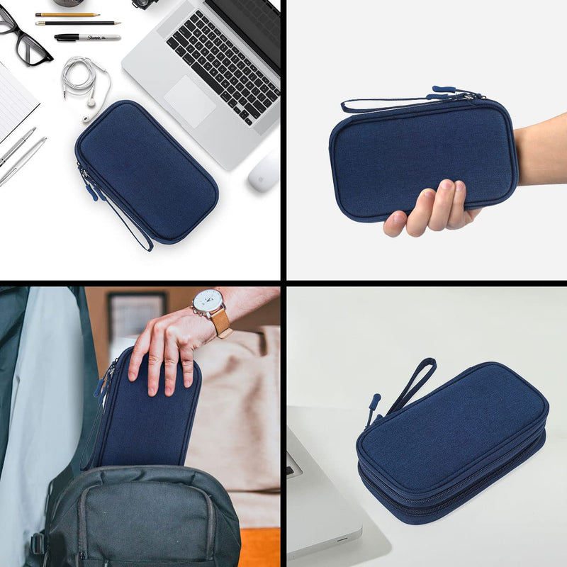 Portable, Waterproof Electronics Accessories Case and Organizer Bag for Cables, USB Drives and Chargers Double Layer - Navy Blue