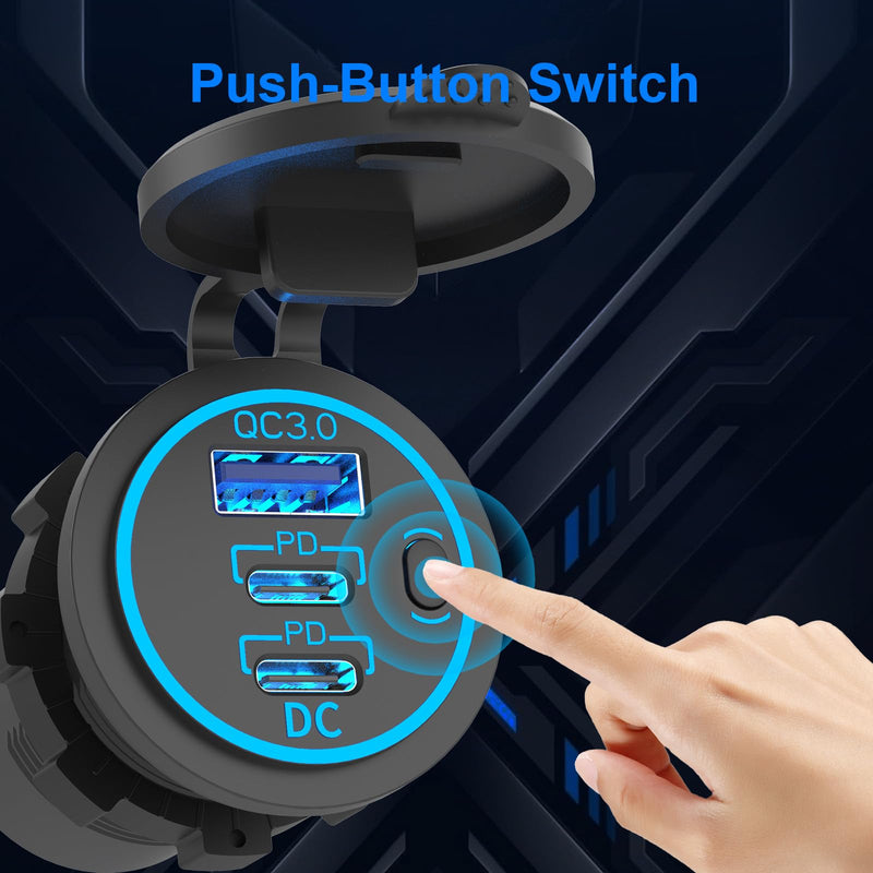 2 Pack USB C Car Charger Socket 12V USB Outlet, 78W Dual 30W PD and 18W QC3.0 Multi Port Cylinder Charger with Button Switch Waterproof for Car Boat RV Marine Golf Cart Truck Bus Motor etc. 2 pack