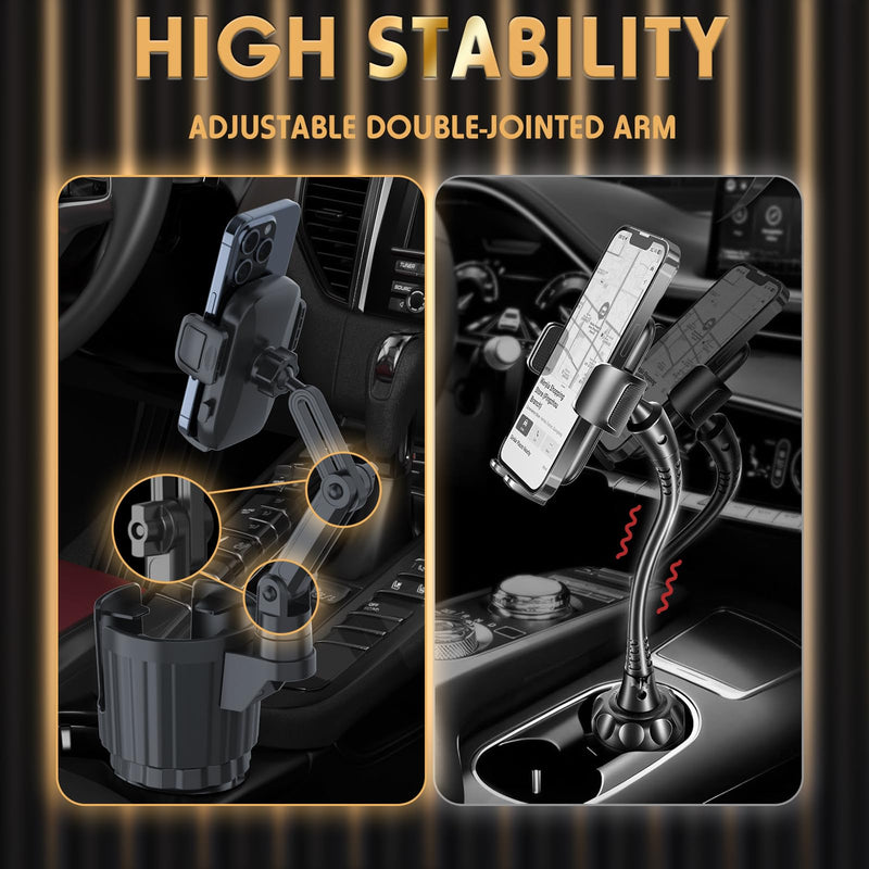 Phone Holders for Your Car, 2 in 1 Universal Stable Cup Car Phone Holder | Adjustable Base with Phone Mount, Hand Free, Long Arm, Non-Slip, 360°Rotation Cup Holder Phone Mount for All Smartphones Black