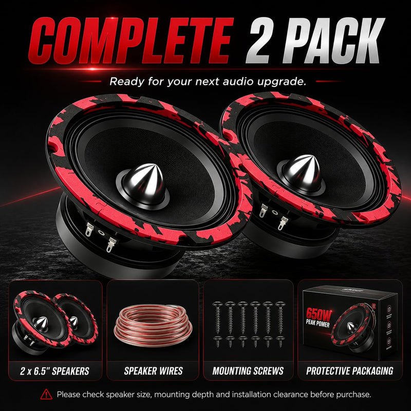 6.5 Inch Car Speakers, 800W Peak 4 Ohm 6.5 Speakers, Bullet Midrange Mid-Bass Door Speakers with Woven Fabric Cone, Multi-Layer Rubber Surround for Car Audio, 2 Pack Red 6.5 INCH