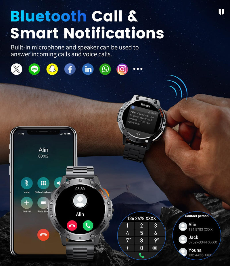LIGE 1.43" AMOLED Smart Watch for Men with Flashlight, Bluetooth Calling, 100+ Sport Modes, 530mAh, IP68 Waterproof Fitness Tracker for Workout, iOS Android Compatible, Black Steel Camouflage Silicone