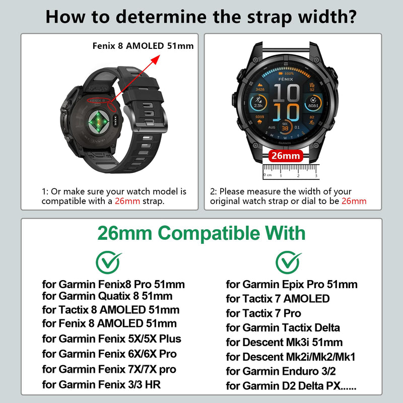 26mm Watchbands Compatible With Garmin Fenix 8 Pro/Quatix 8 51mm/Fenix 7X Pro/7X/6X Pro/6X/5X Plus/5X/3 HR,Silicone Quick-Fit Strap for tactix 8 51mm/7 pro/Enduro 3 2/Descent Mk3i-51mm/Mk2i 7Pack1