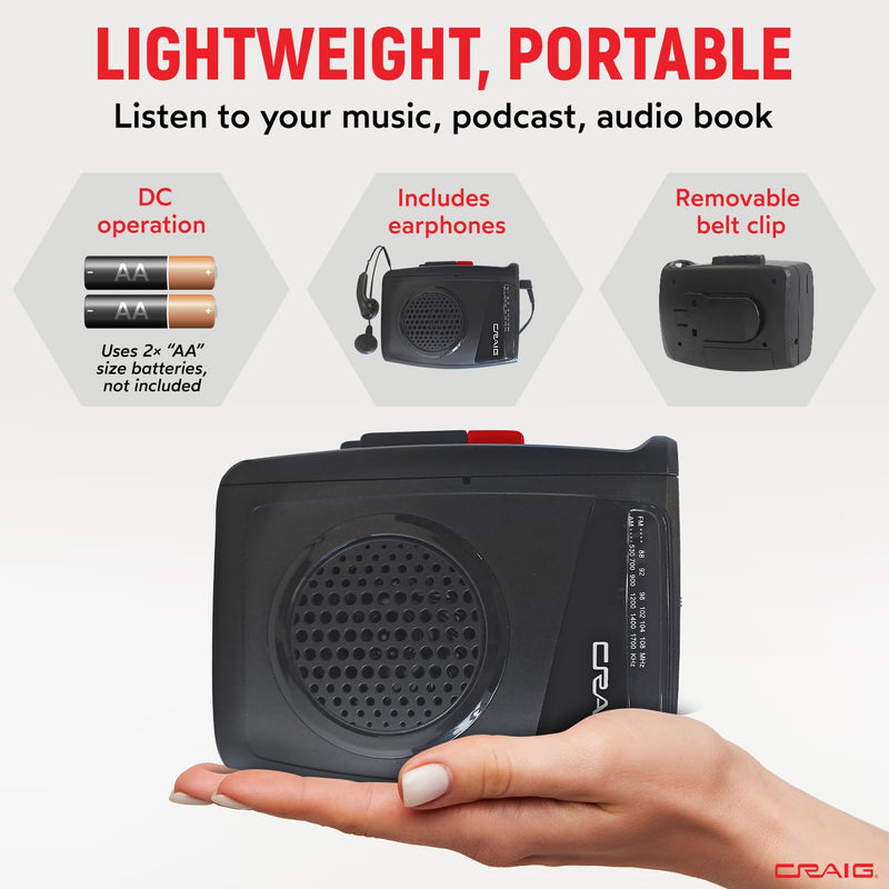 [AUSTRALIA] - Craig Stereo Cassette Player/Recorder with Earphones: Portable AM/FM Radio & One-Touch Recording System 