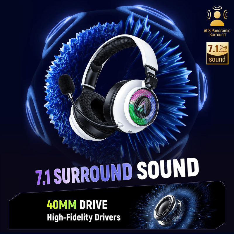 Wireless Gaming Headset for Ps5 Ps4 - 2.4GHz, Bluetooth, Wired, 7.1 Surround Sound, Noise Cancelling Mic, RGB Lights, 40H+ Battery, Lossless Audio, Comfy Over Ear Headphones for PC, Switch, Xbox, Mac White