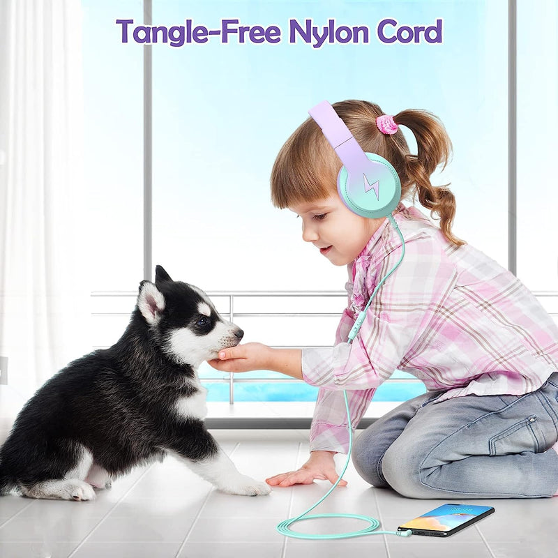 Kids Headphones, Wired Headphones for Kids Over Ear with Microphone, 85/94dB Volume Limiter Headphones for Girls Boys with Sharing Jack, Foldable Headphones for Online Study,Gradient Purple Light Purple