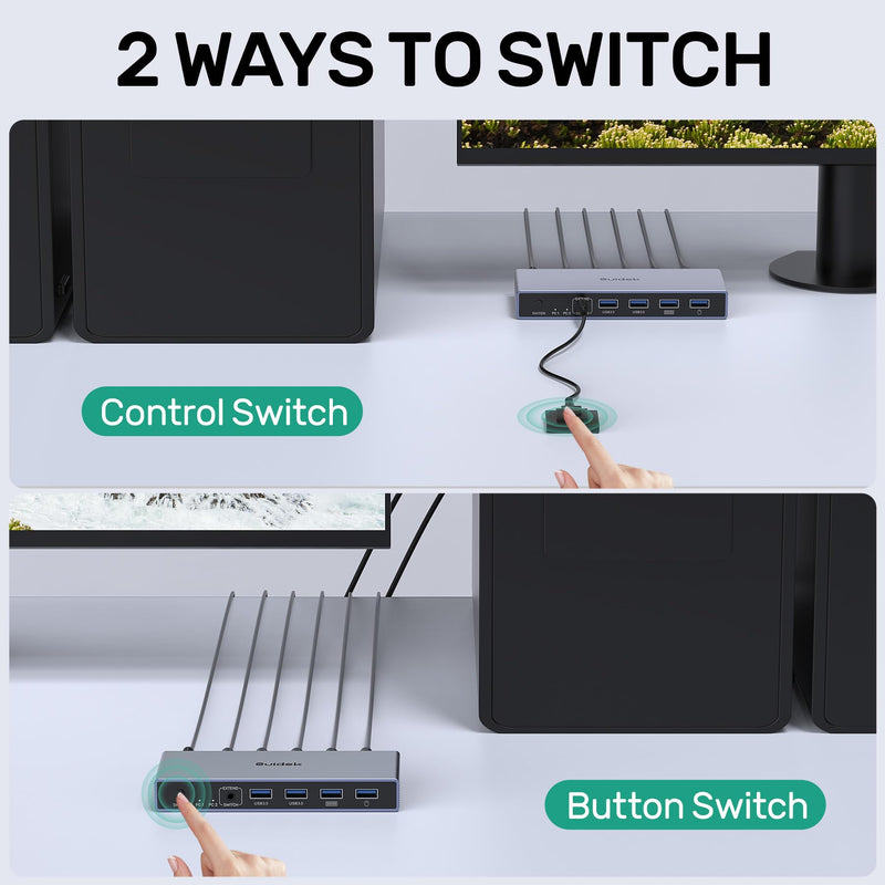 SUIDEK 8K@60Hz Displayport KVM Switch 1 Monitor 2 Computers, Aluminum | with 4 USB 3.0 Ports, Support 4K@144Hz for Two Computers Share One Screen Keyboard Mouse U-Disk Printer, Include 2 USB Cable 8K 1 Monitor 2 Dp