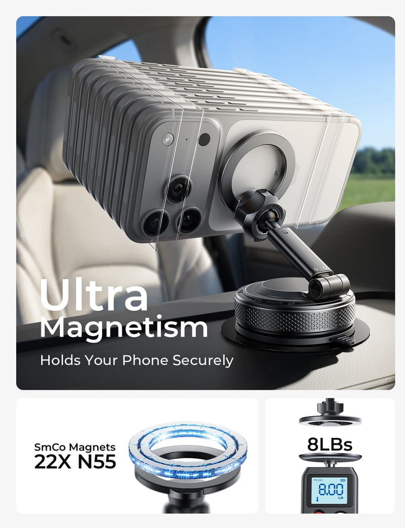 LISEN Magsafe Car Mount, [98LBS Vacuum Suction] Magnetic Phone Holder for Car Dashboard & Windshield, Strong Magnet Cell Phone Car Mount for iPhone 17 16 15 14 13 12 Pro Max/Air Obsidian Black