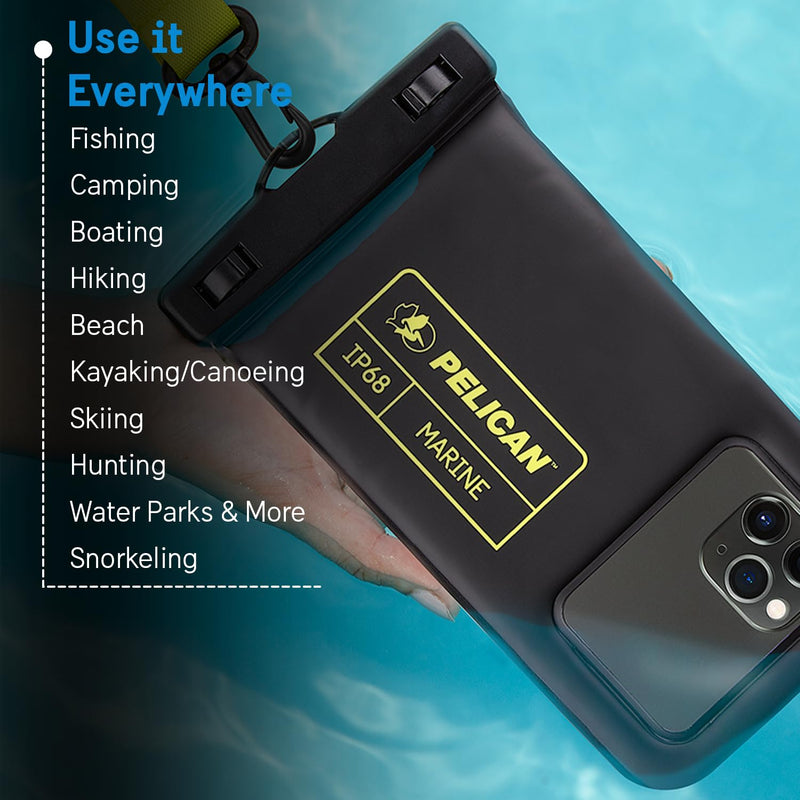 Pelican 4 Pack Marine Waterproof Phone Pouch (Regular) -Black/Hi-Vis Yellow | Touchscreen IP68 Floating Waterproof Phone Case w/Detachable Lanyard - Fits All Phones - Beach Cruise Ship Travel Essentials Black/Neon - 4 Pack - Regular