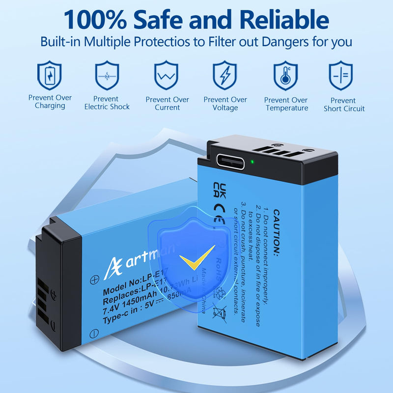 Artman 2-Pack LP-E17 Battery 1450mAh with Type-C Direct Charging Port for Canon EOS R50 RP R10 R8,Rebel T6i,T7i,T8i, T6s, SL2, SL3, EOS M3, M5, M6, EOS 200D, 77D, 750D, 760D, 800D, 8000D,Camera