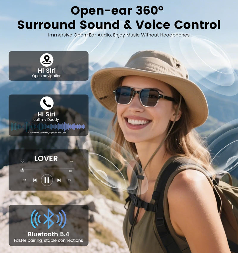 Smart Audio Bluetooth Glasses for Men & Women – Wear-Induction Auto On/Off, Photochromic + Blue Light Blocking Interchangeable Frames, AI Real-Time Translation Smart Sunglasses, Hands-Free Calls Photochromic Lenses+Anti-Bluelight Lenses