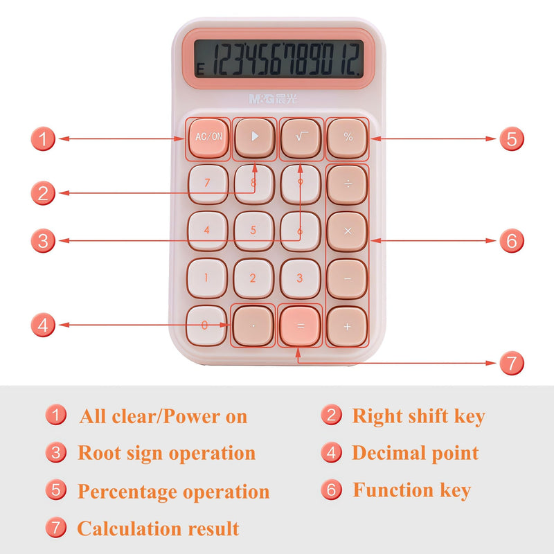 M&G Desktop Calculator 12 Digit Mechanical Switch Calculator with Large LCD Display, Basic Cute Pink Calculator with Big Buttons, Aesthetic Calculator for Office Home School (Battery Included)