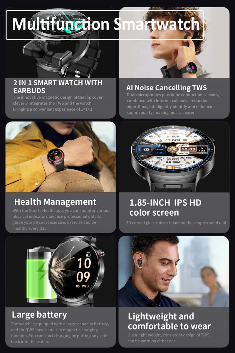 Smart Watch with Earbuds, 2 in 1 Bluetooth Smart Watch, 1.85" HD IPS Screen Smartwatch for Men Women, Fitness Tracker Long Time Standby Men Women Sports Smartwatch